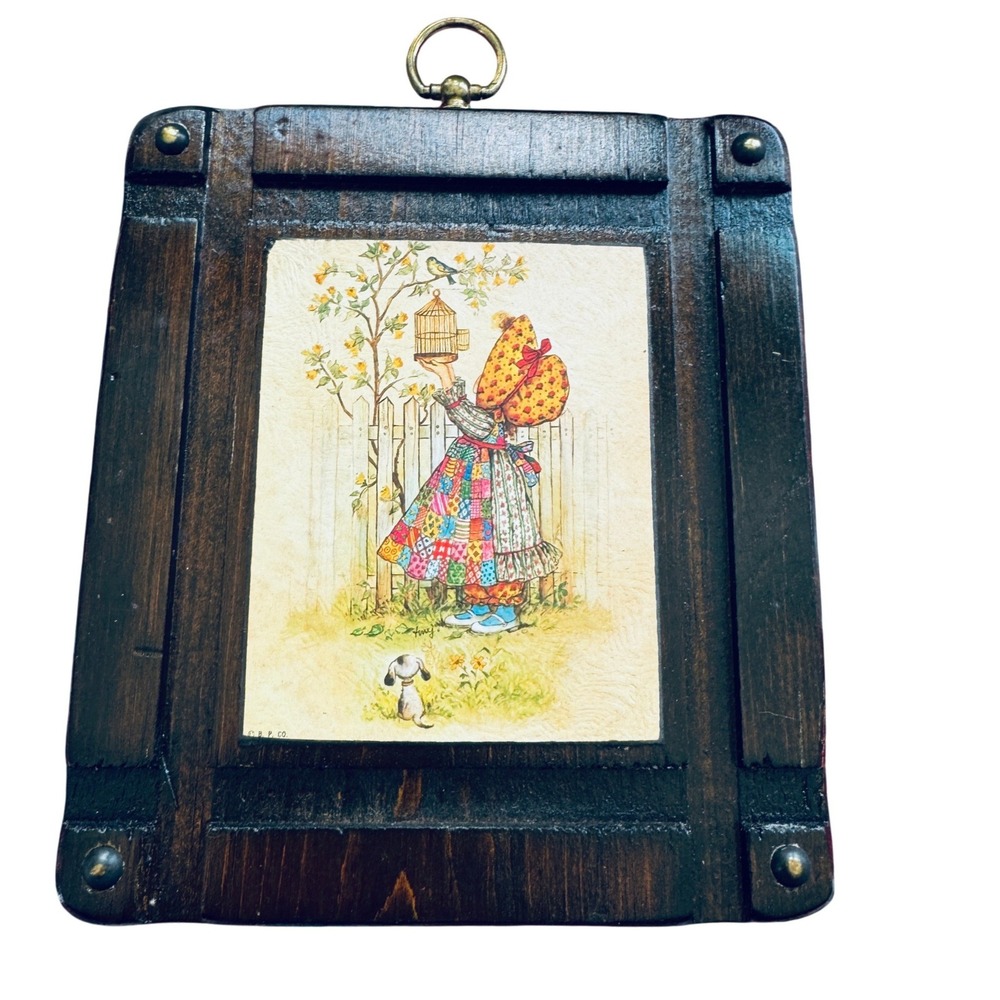 Vintage Patchwork Girl Bird Cage wall plaque‎ 70s Americana Country Holly Hobbie
